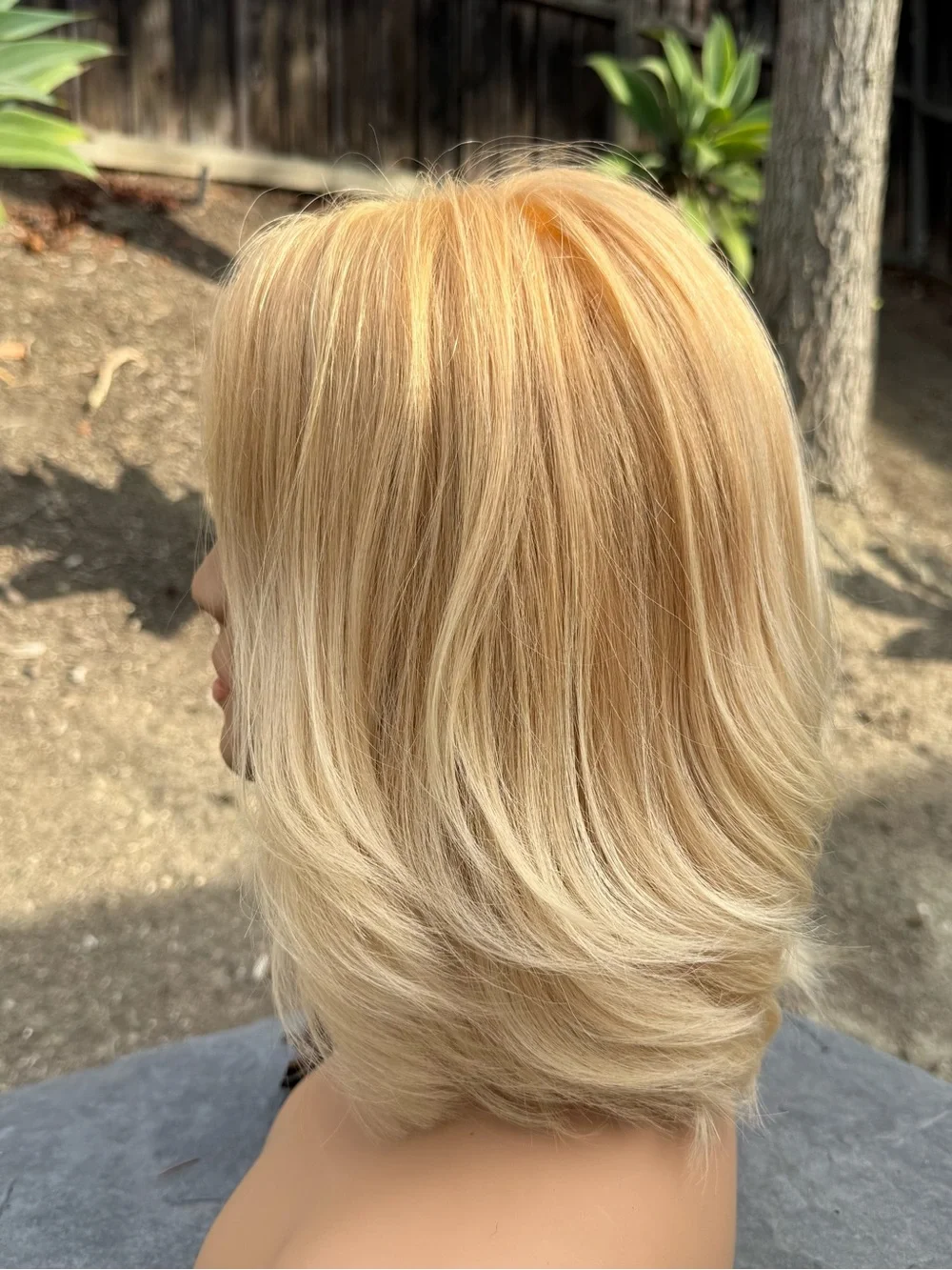Human hair blonde Layered Women's Wig - medical cap
